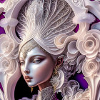 Surreal woman with purple hair and gold accessories in vibrant setting