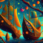 Whimsical artwork: Colorful ships on celestial background