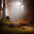 Tranquil forest scene with moss-covered grounds and ancient trees, person in red cloak sitting in sun