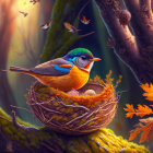 Colorful Bird Nest in Magical Forest Scene with Eggs and Small Birds