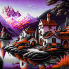 Scenic village painting with gardens, lake, and mountains at dusk