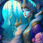 Fantasy woman with gold headdress and floral patterns in mystical setting