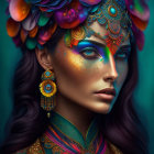 Detailed digital artwork of woman with intricate headgear, stylized makeup, and decorative earrings on blue background