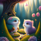 Whimsical fluffy creatures in enchanted forest with glowing flowers