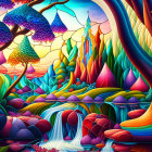 Colorful psychedelic landscape with swirling patterns and child overlooking stylized mountains