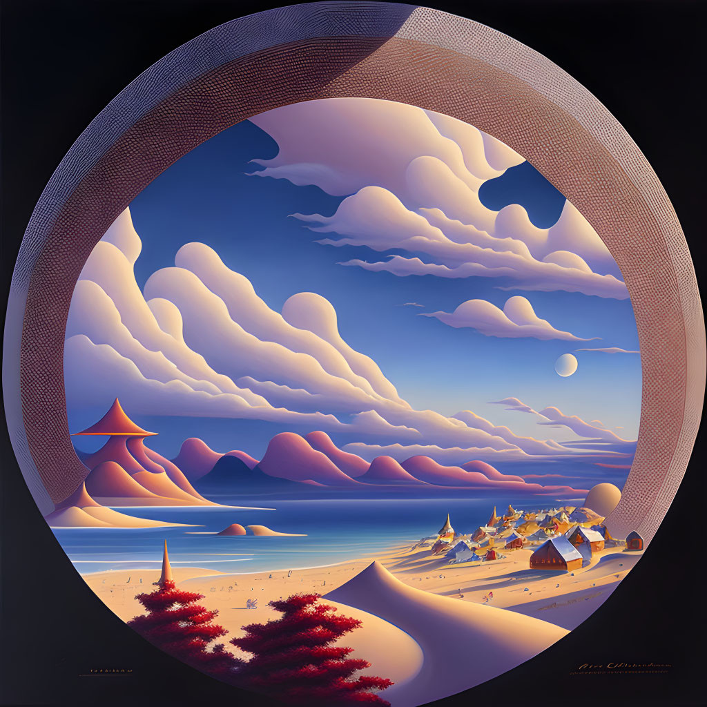 Circular Frame Surreal Landscape: Beachside Town, Clouds, Dunes, Mountains, Twilight Sky