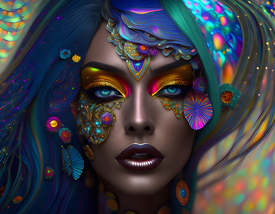 Colorful woman with ornate makeup and blue hair in vivid digital art