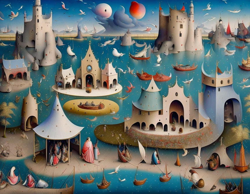 Whimsical painting of floating castles, tents, boats in sky