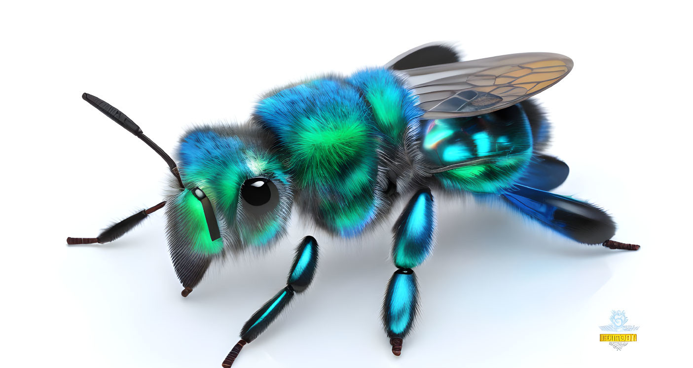 Detailed digital illustration of a vibrant bee with blue and green hues and translucent wings