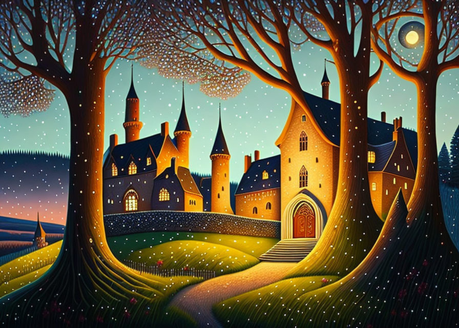 Whimsical castle night scene with glowing moon