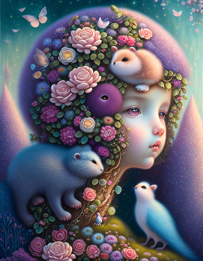 Illustration of child with tree-like head, flowers, berries, creatures, butterflies, and soft glow