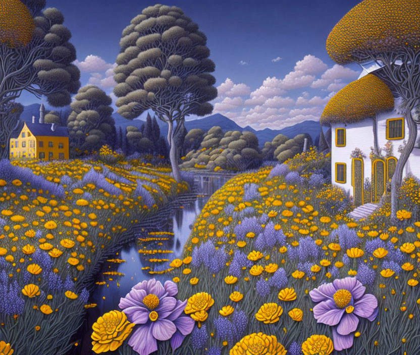 Vibrant purple and yellow flower landscape with stylized trees and quaint houses