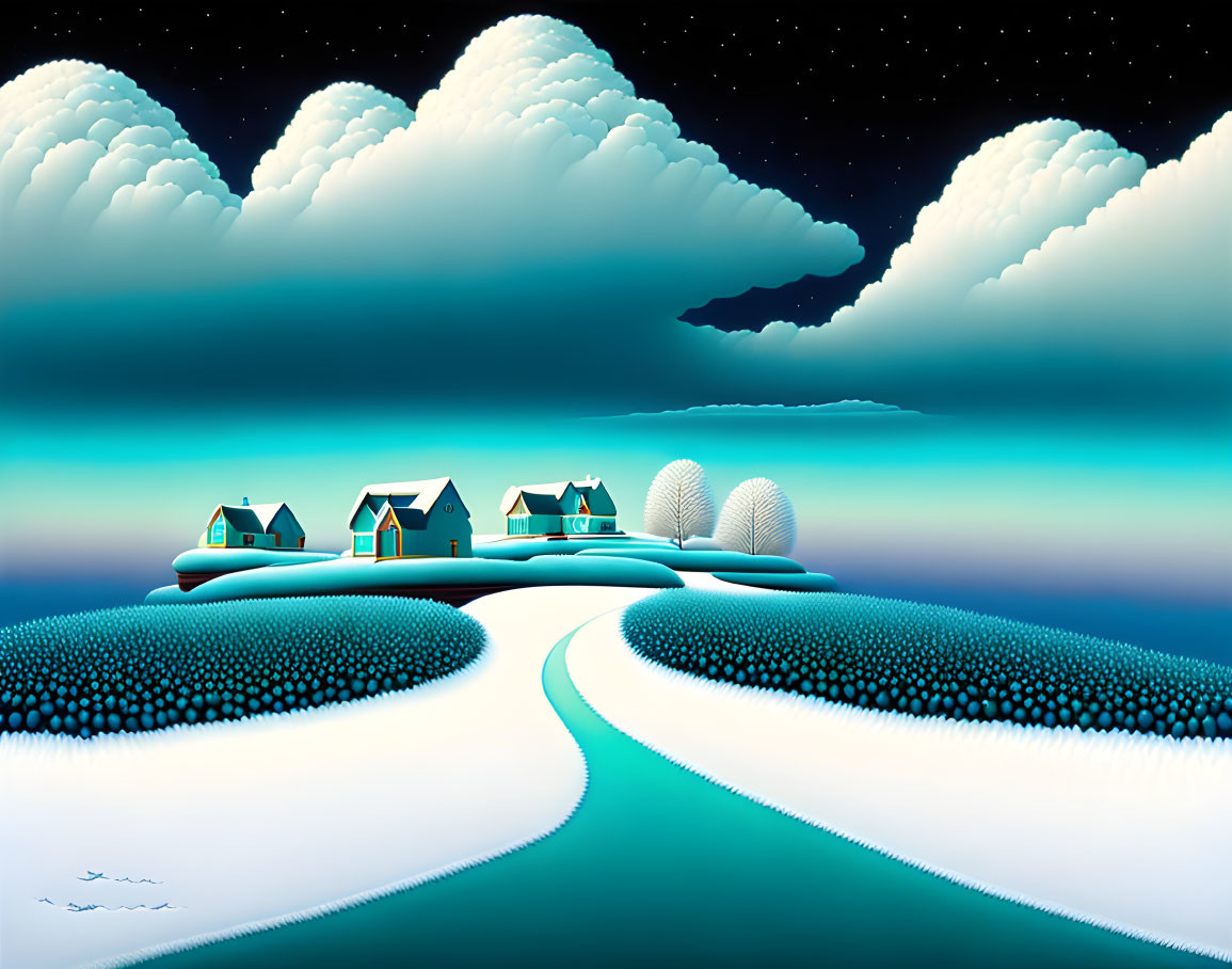 Surreal snowy hill landscape with cottages, winding path, fluffy clouds, and starry dawn