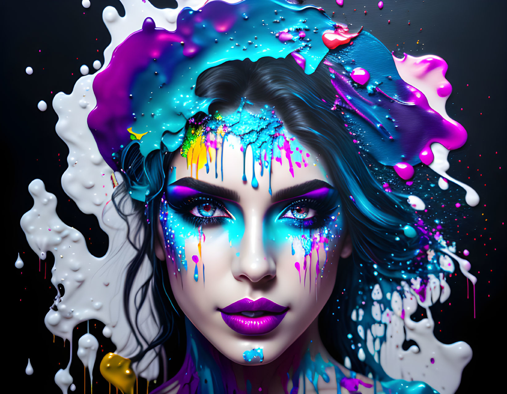 Colorful digital portrait of a woman with paint splashes on dark background