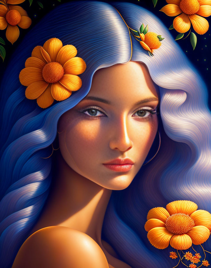 Blue-haired woman with orange flower hair accessories in mystical night sky setting