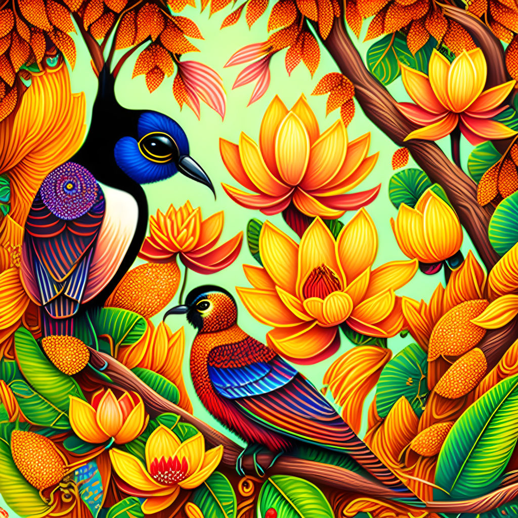 Colorful artwork: Two stylized birds amidst blooming flowers on warm background