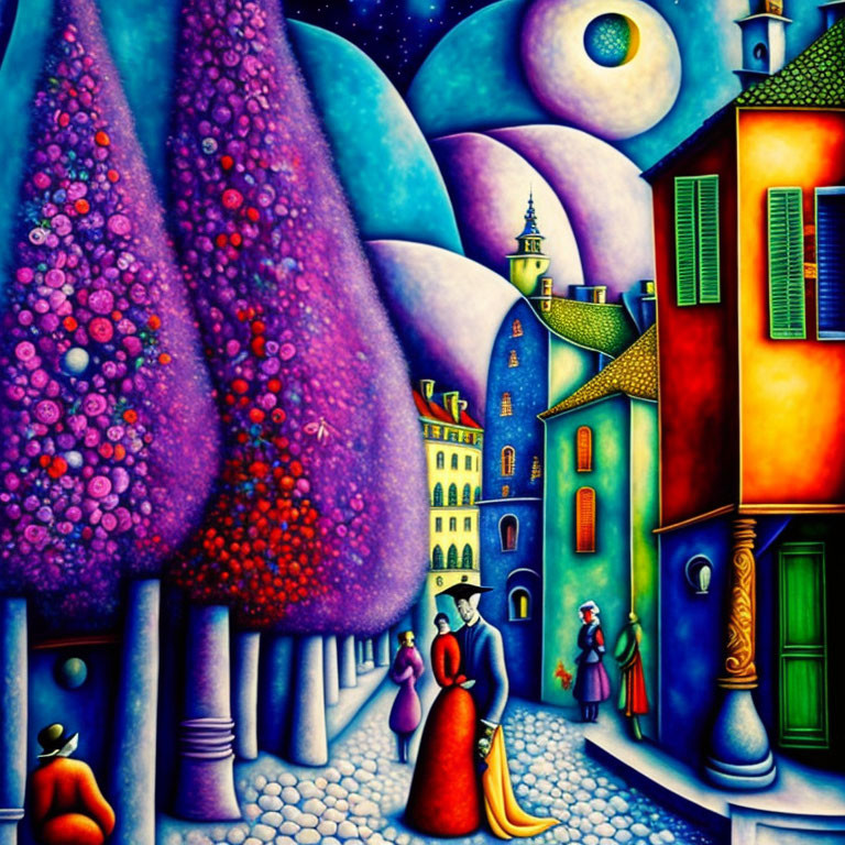 Colorful, stylized painting of whimsical town with elegant figures