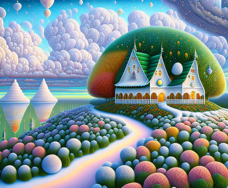 Colorful spherical vegetation, winding path, enchanting cottage under mushroom cap, balloon-like objects