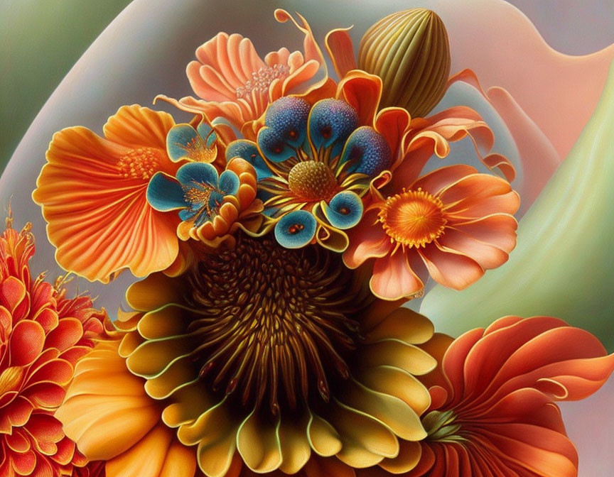 Colorful Bouquet Illustration with Orange, Blue, and Green Flowers