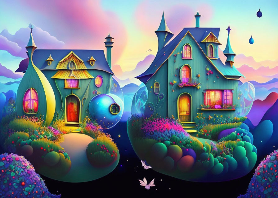 Vibrant Fantasy Landscape with Whimsical Houses and Surreal Sky