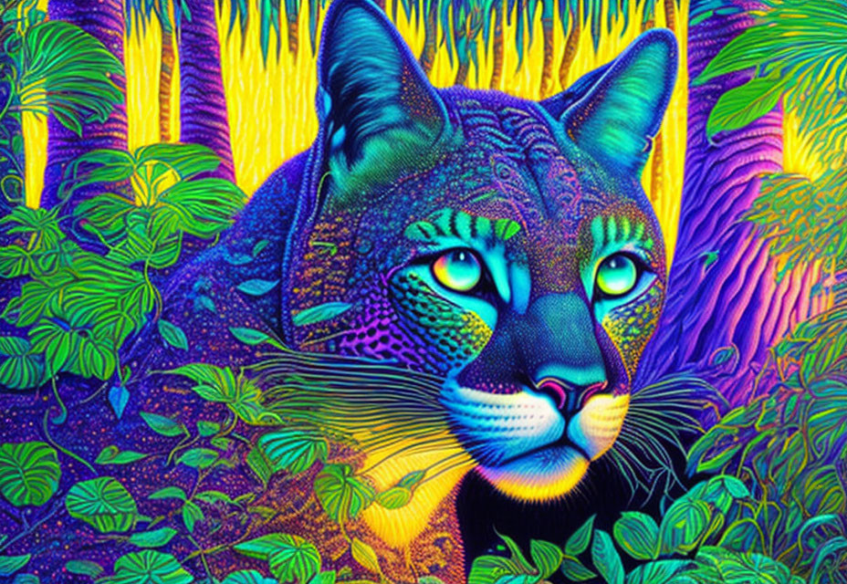 Colorful Leopard Illustration with Psychedelic Patterns in Tropical Setting