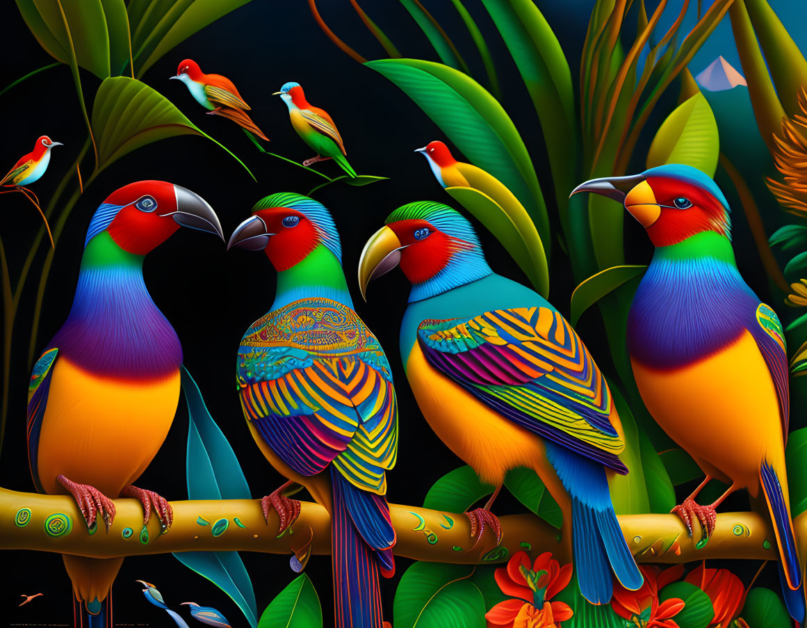 Colorful Digital Artwork: Stylized Parrots in Tropical Foliage