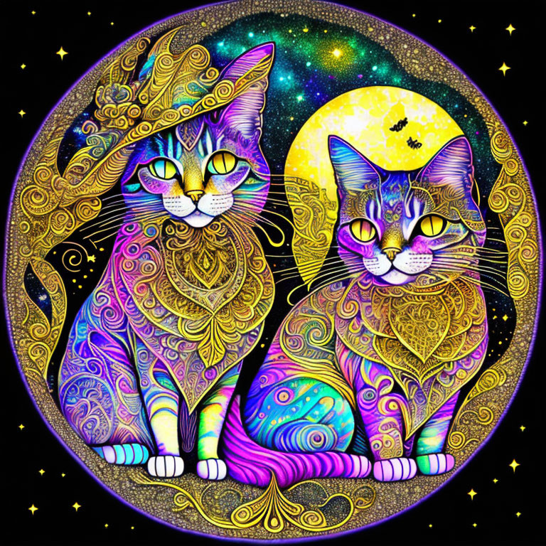 Colorful Cats Illustration: Two Feline Figures in Intricate Patterns on Starry Night Scene