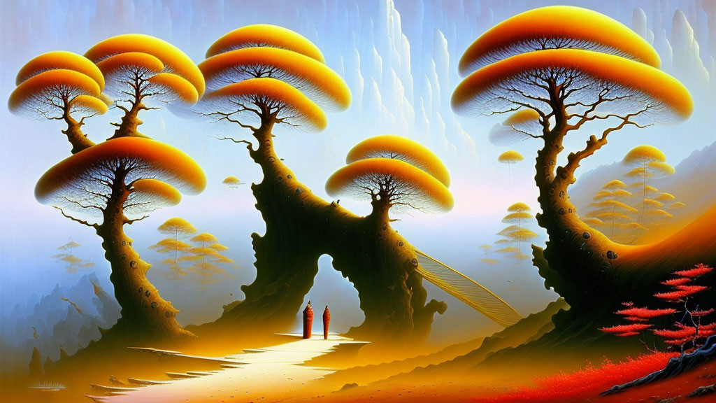 Surreal landscape with oversized mushroom-shaped trees and vibrant colors