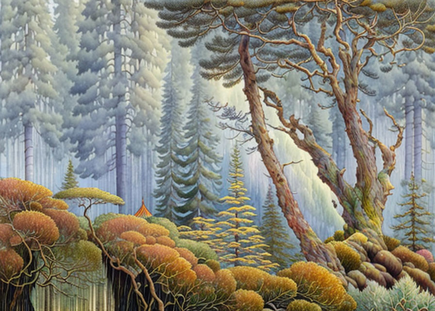 Detailed painting of lush forest with diverse trees and foggy background