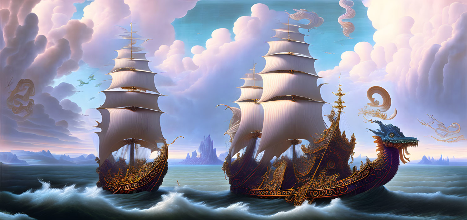 Ornate sail-powered ships with dragon figureheads on rolling seas under dramatic sky