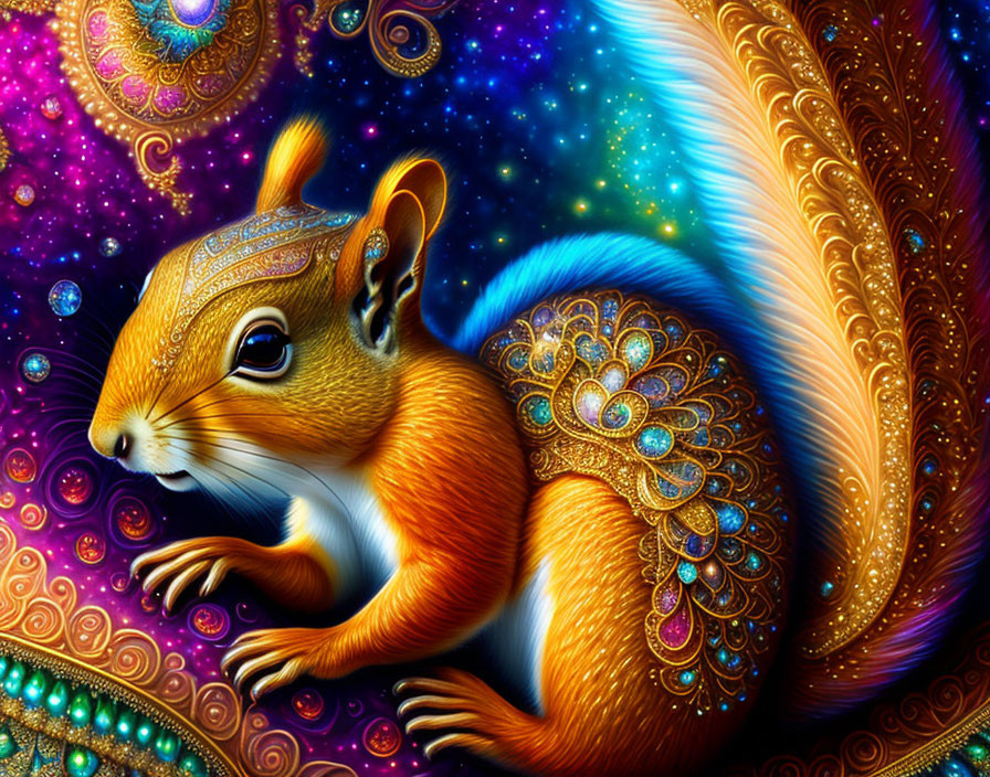 Colorful Digital Art: Squirrel with Ornate Patterns on Cosmic Background