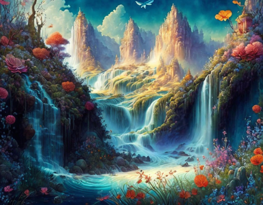 Colorful Fantasy Landscape with Waterfalls and Floating Islands