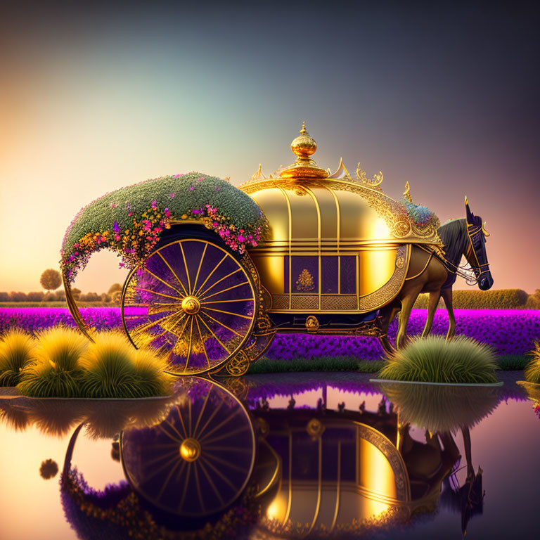 Golden Carriage with Flowers by Reflective Water at Dusk