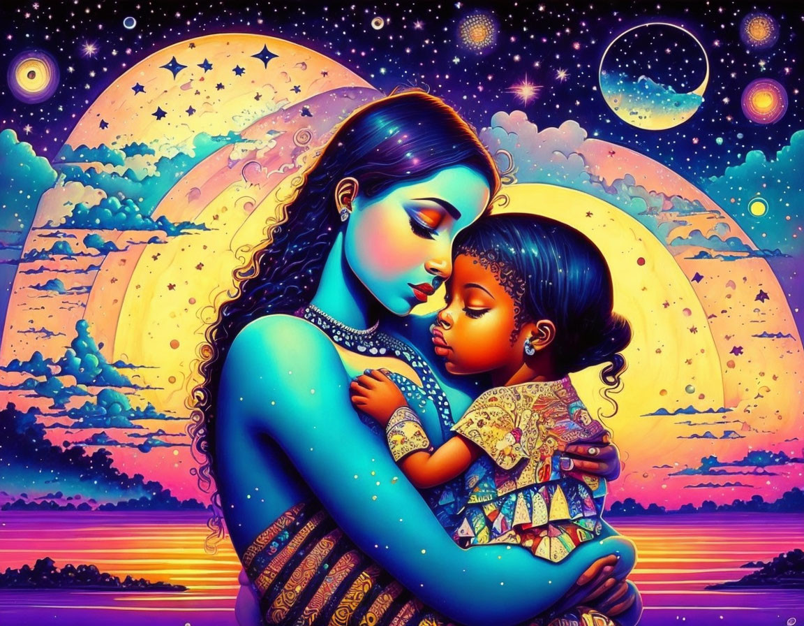 Vibrant cosmic illustration of mother and child embrace