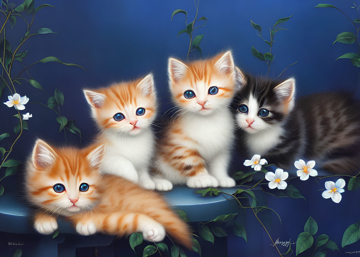 Four kittens with vibrant eyes among green vines and white flowers on blue background