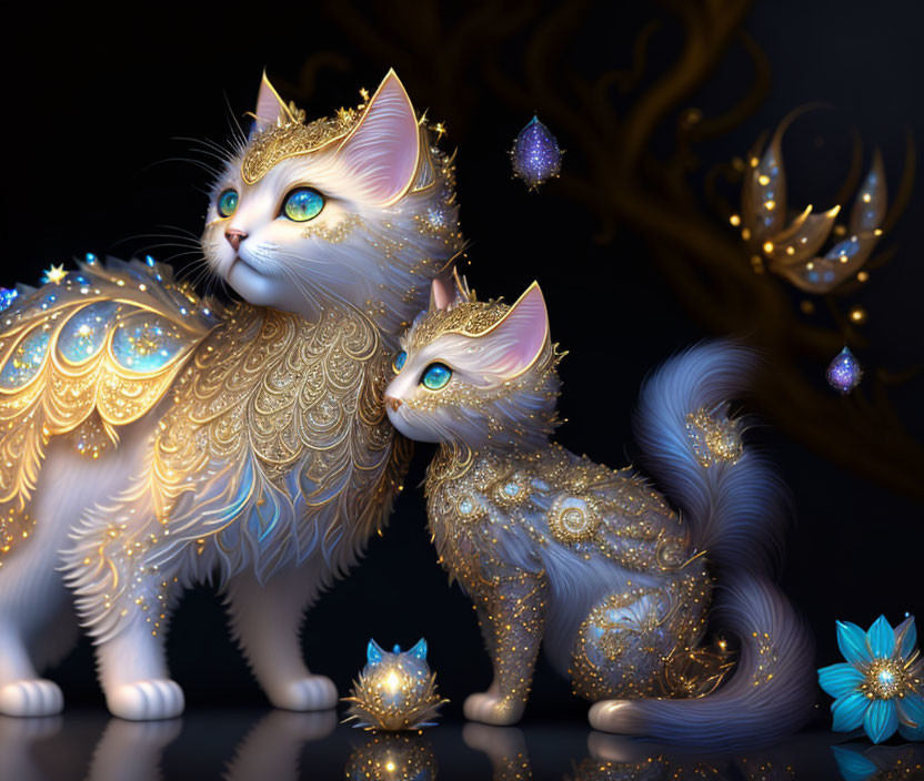 Ornate fantasy cats with glowing blue eyes and golden fur patterns