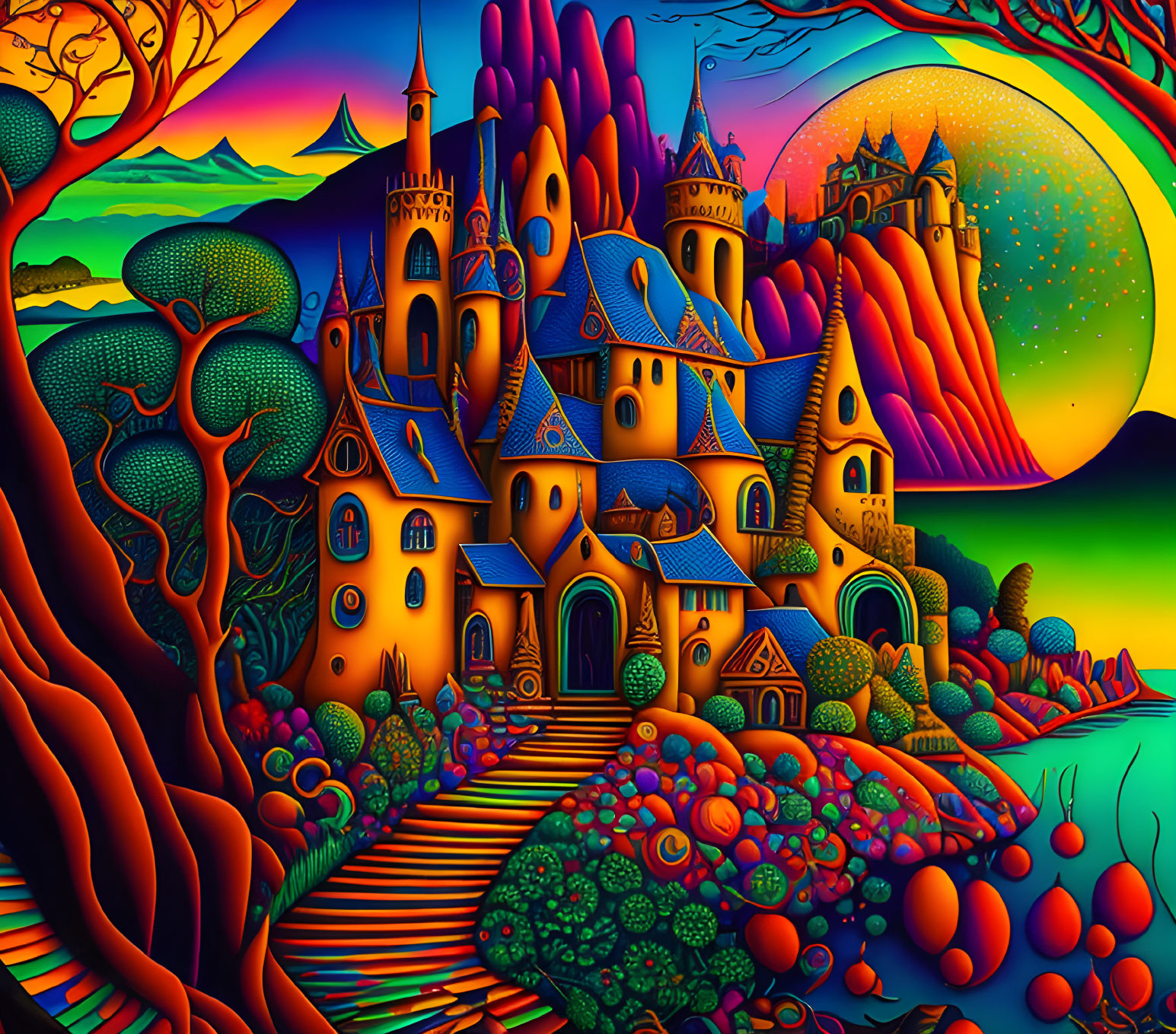 Colorful Castle in Fantastical Landscape with Starry Sky