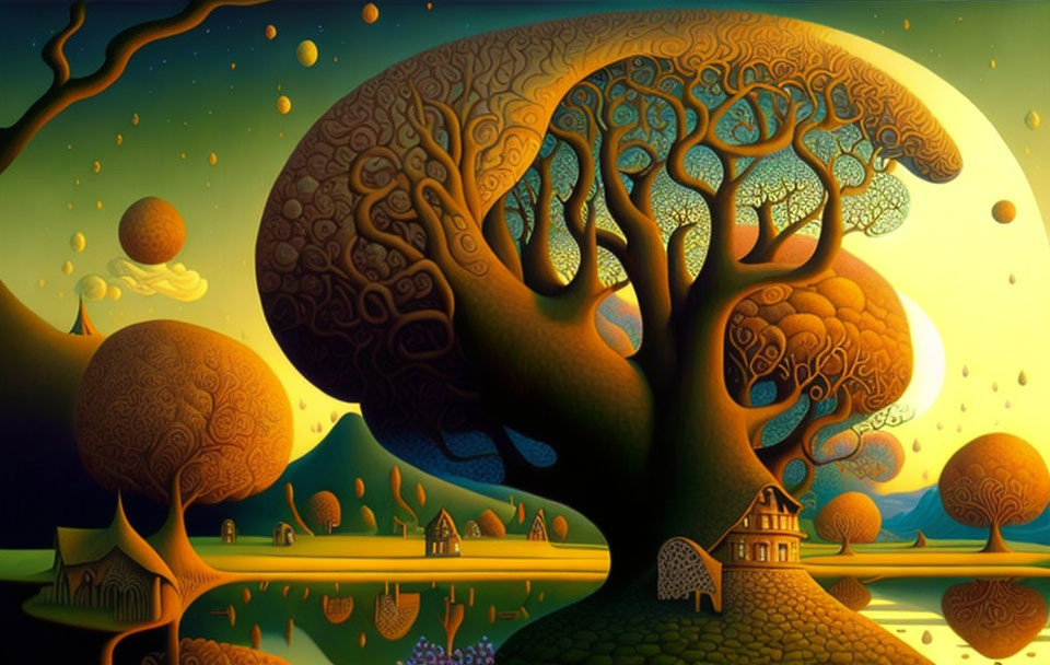 Surreal landscape with giant tree, house, rolling hills, and planets in golden hues