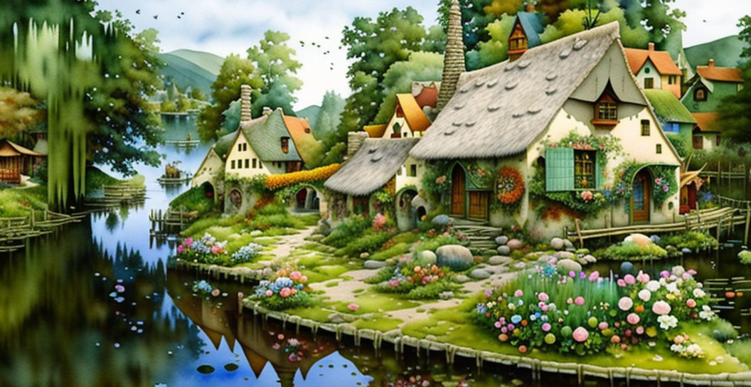 Scenic village illustration with thatched cottages and river