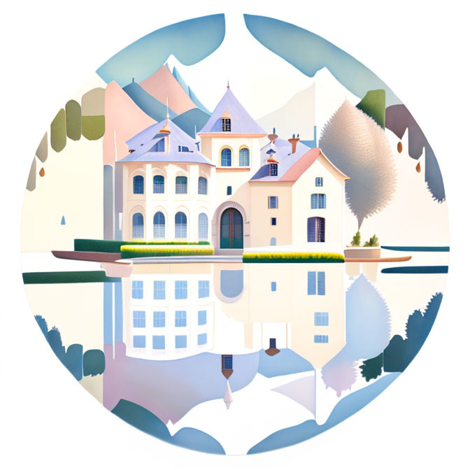 Serene chateau with mirrored reflection in circular frame