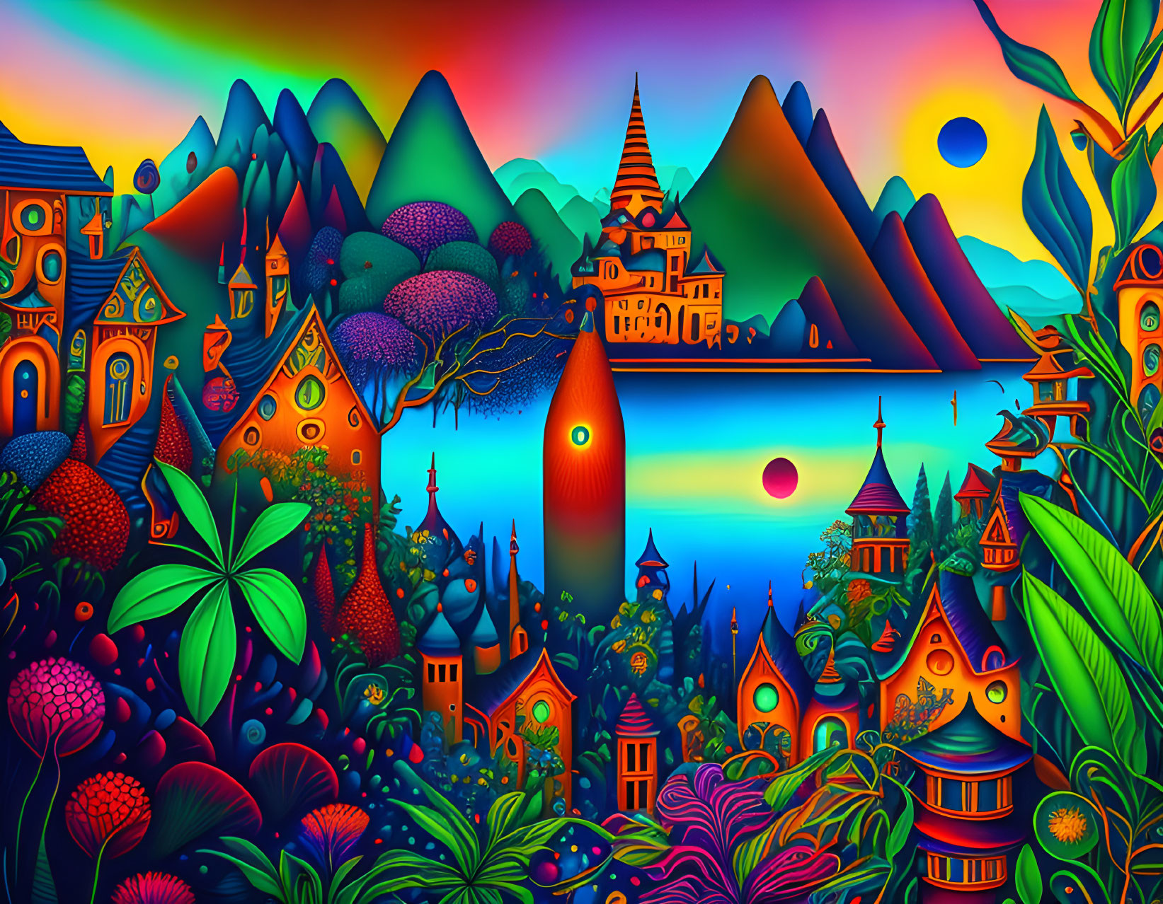 Colorful Psychedelic Landscape with Stylized Mountains and Whimsical Buildings