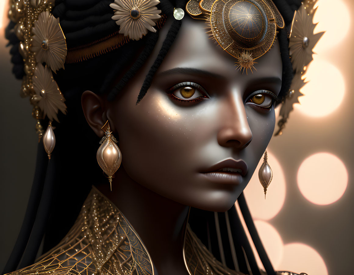 Digital portrait of woman with golden jewelry, striking makeup, and enigmatic gaze