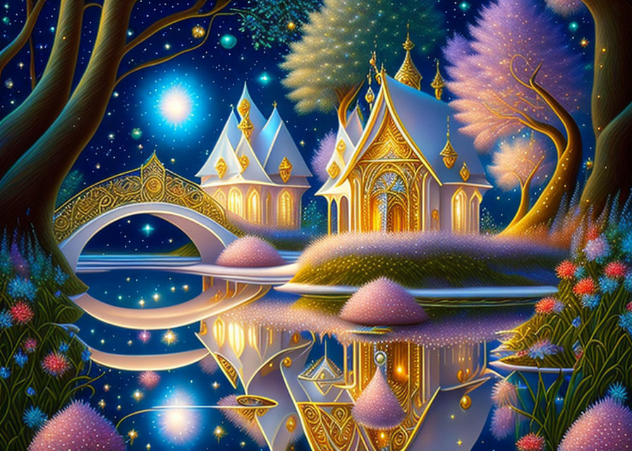 Enchanted nocturnal scene: glowing castle, starry sky, tranquil river, arched bridge