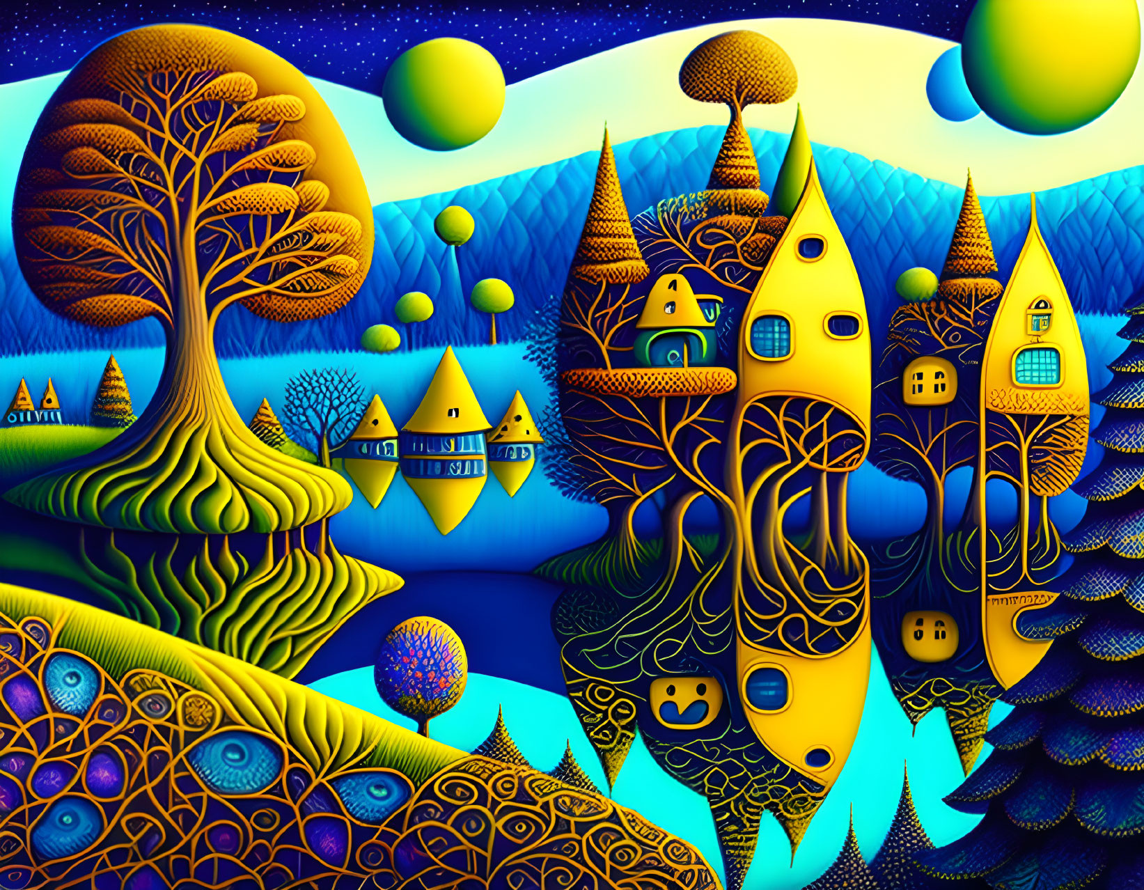 Colorful fantasy landscape with whimsical houses, detailed tree, and starry sky