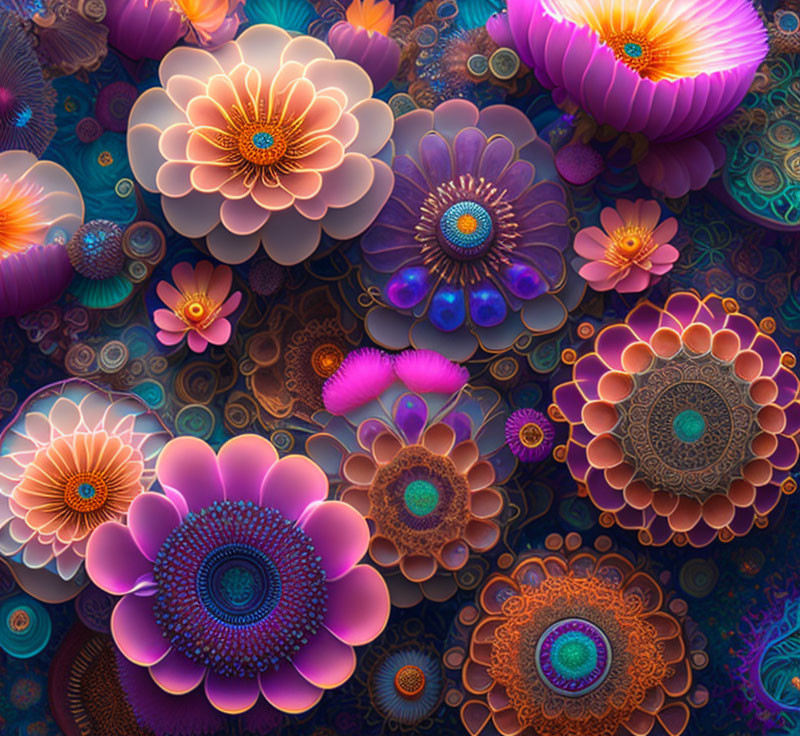 Colorful digital artwork: Stylized fractal flowers in rich hues