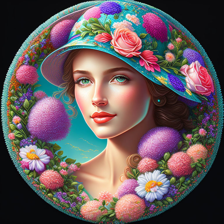 Digital artwork of woman with floral hat: vibrant roses, daisies, pink blooms on dark background