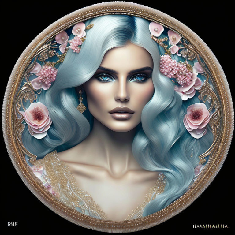 Stylized portrait of woman with blue hair, surrounded by pink flowers and gold accents