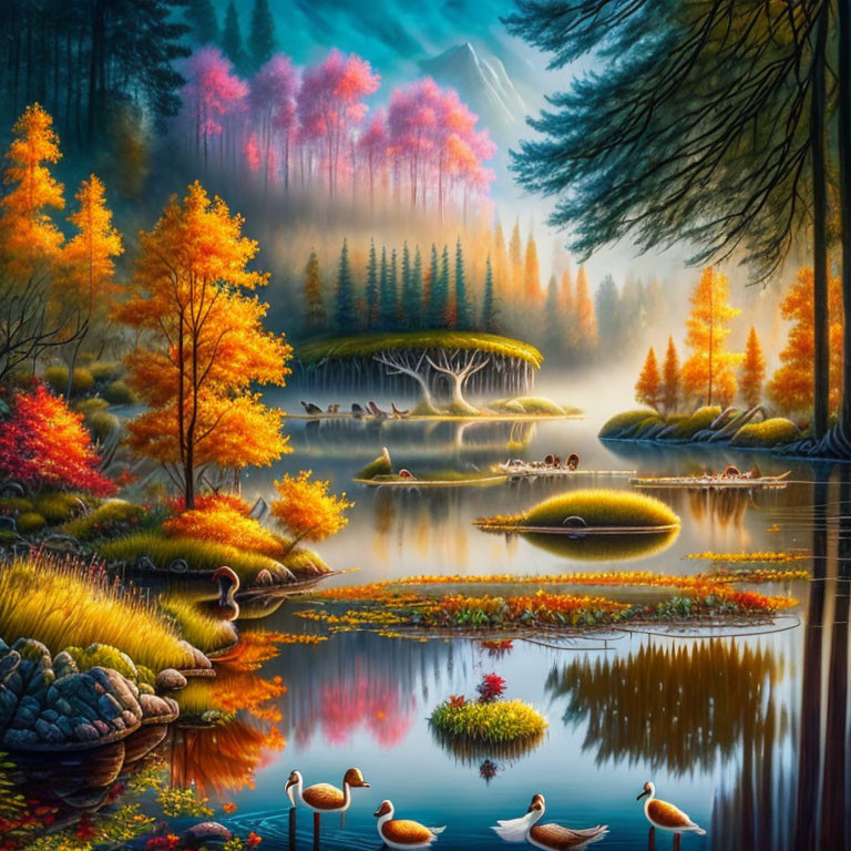 Colorful autumn trees, serene lake, ducks, mystical fog landscape