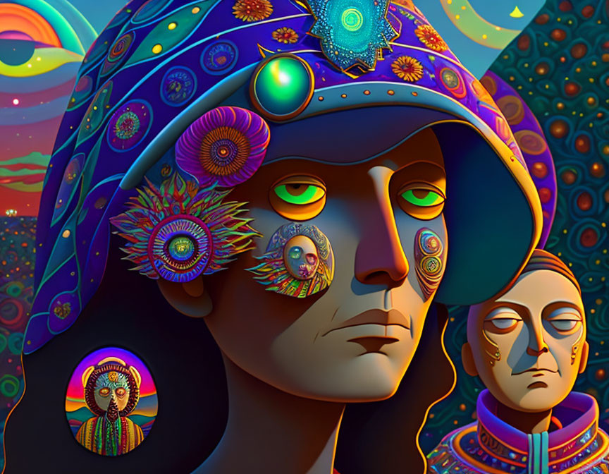 Colorful Psychedelic Art: Two Figures with Intricate Patterns and Jewels on Cosmic Background