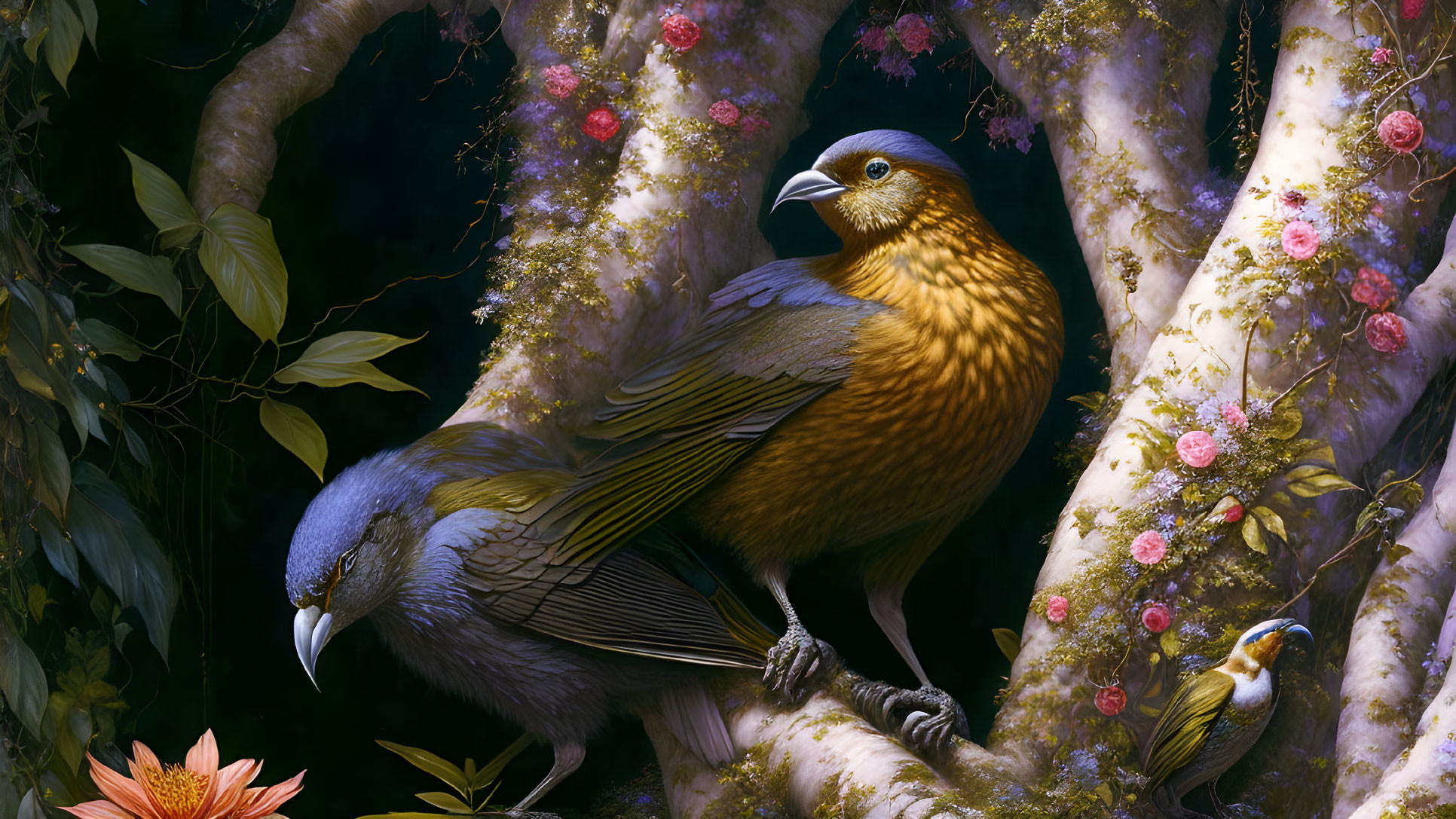 Vibrant golden-feathered birds on flowering tree branches in enchanting forest